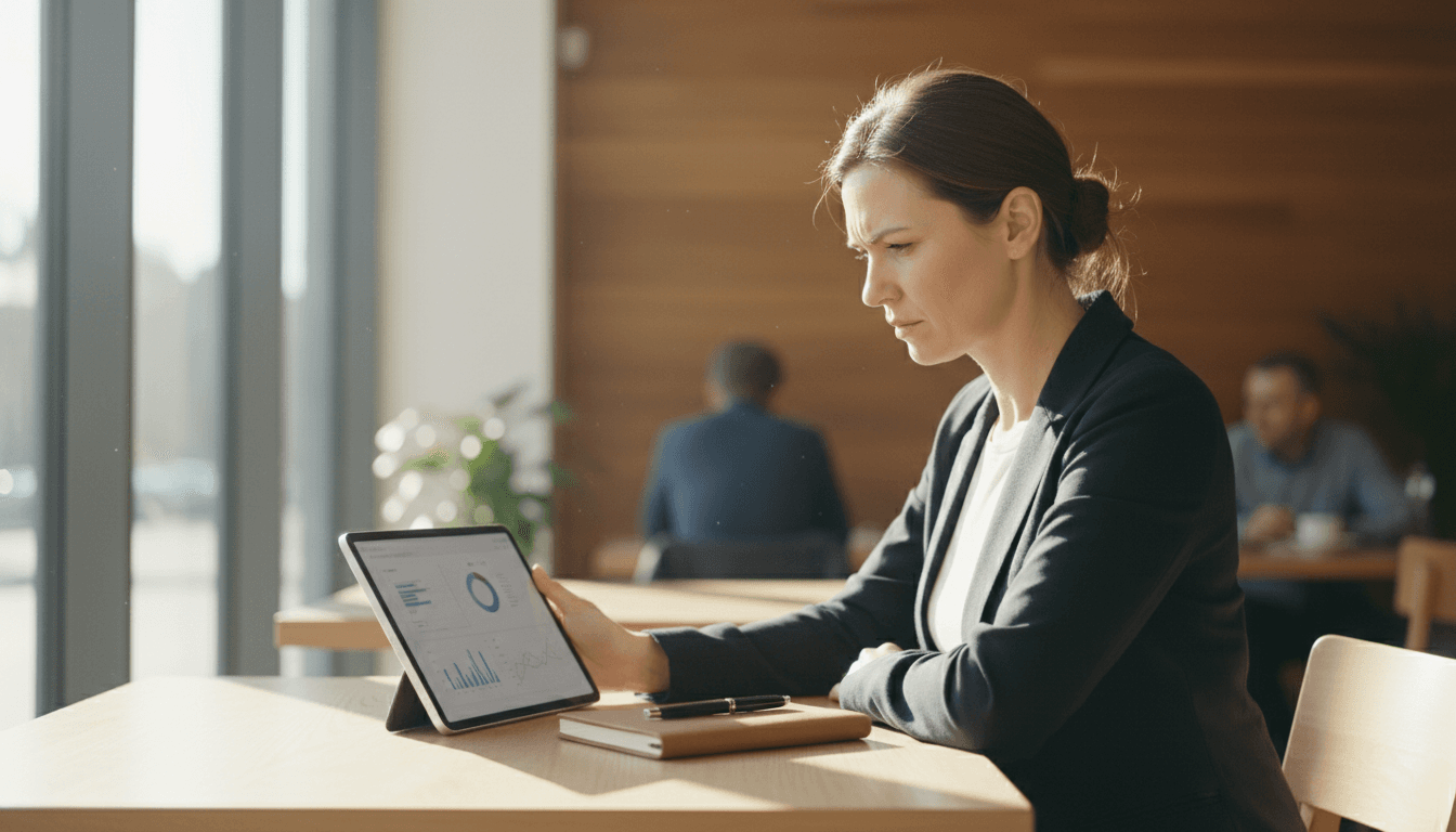 Small business owner reviewing financial report on tablet in a café
