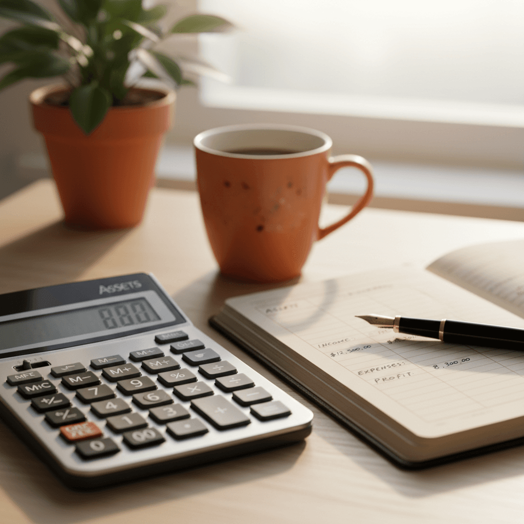 Organized desk with calculator and open ledger notebook