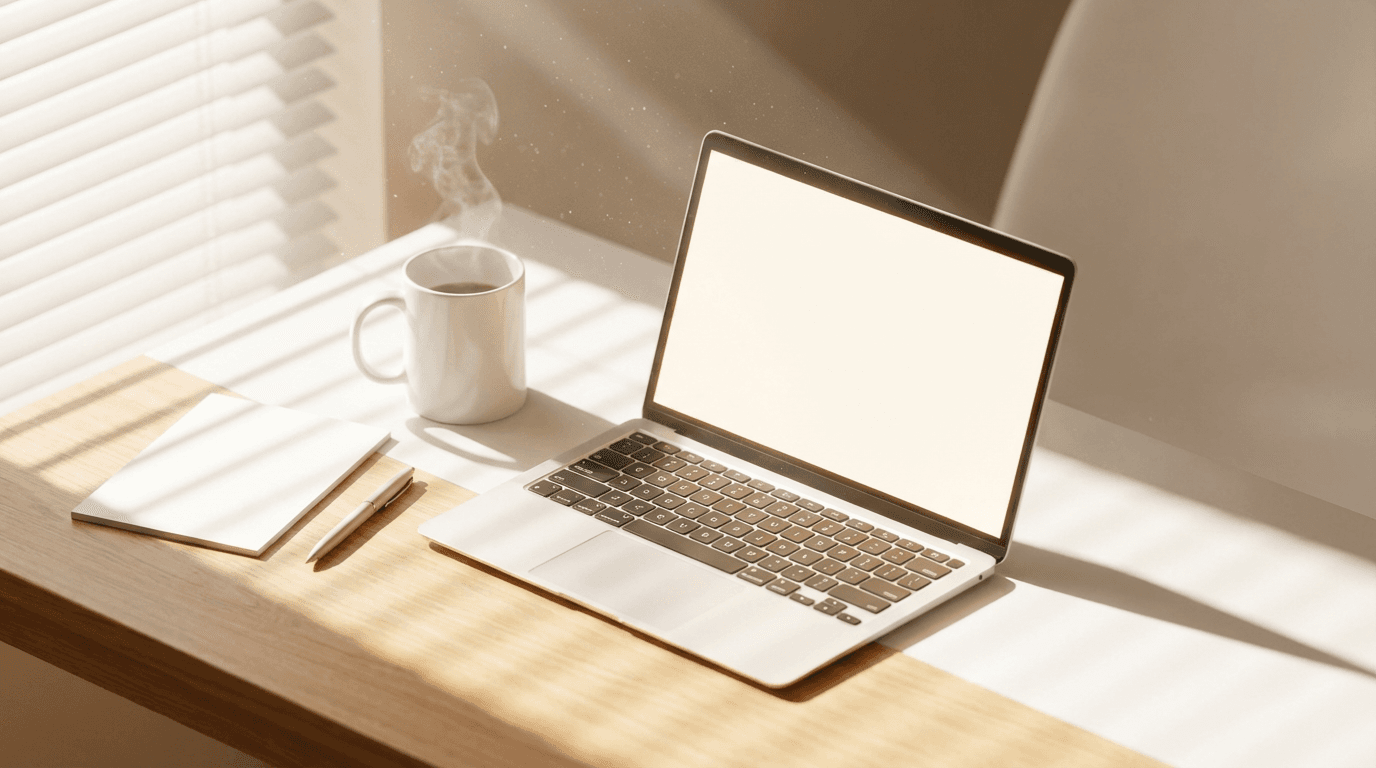 Organized desk with laptop showing a spreadsheet, calculator, and folders