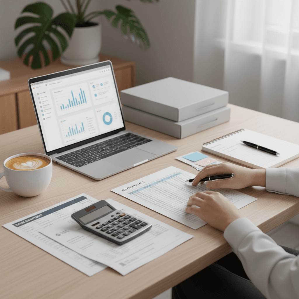 Small business owner's hands reviewing a neatly organized chart of accounts on a clean desk