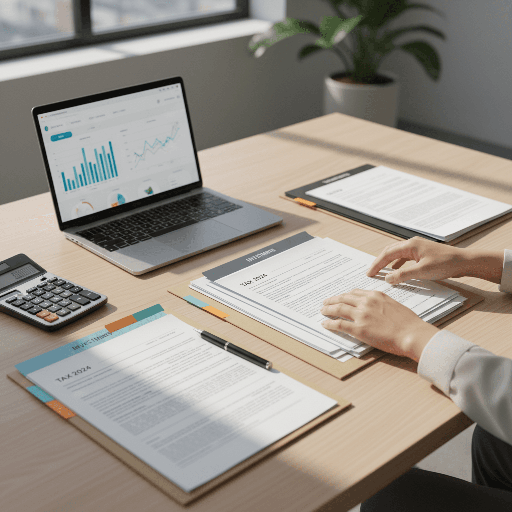 Organized bookkeeping workspace with financial documents and a laptop