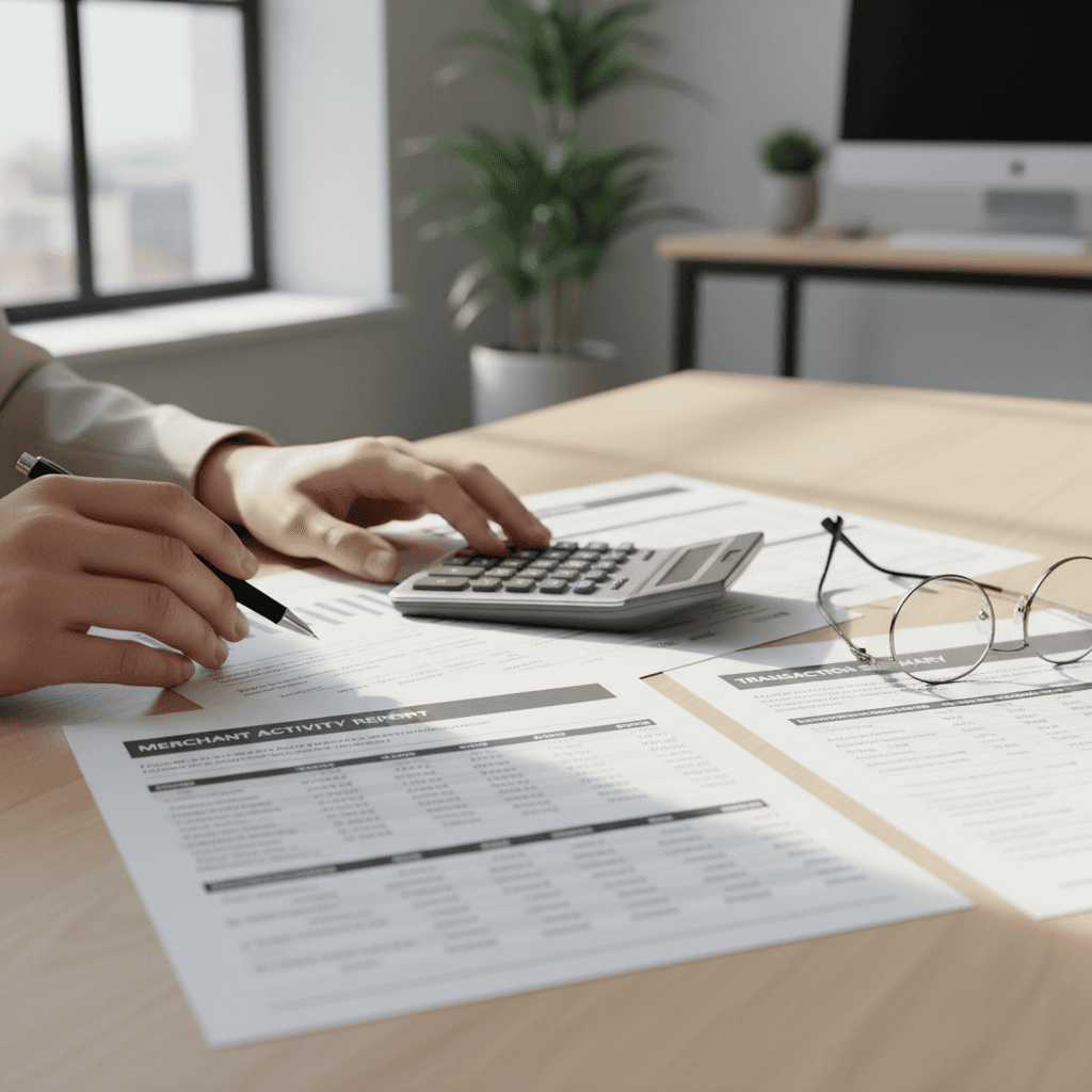 Small business owner's hands reviewing payment processing statements and invoices on a wooden desk with natural light