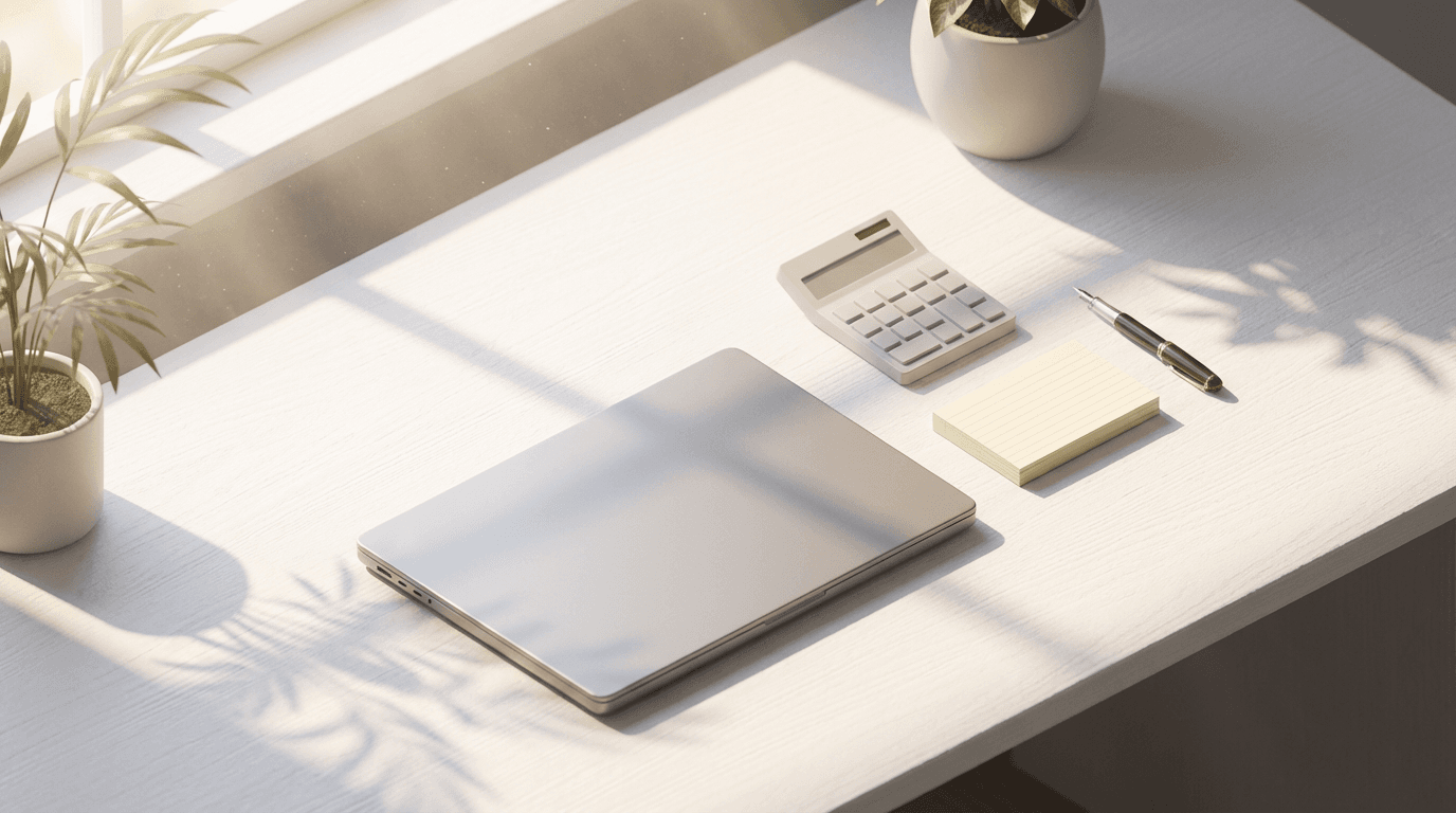 Neatly organized bookkeeping desk with ledger and calculator in soft natural light