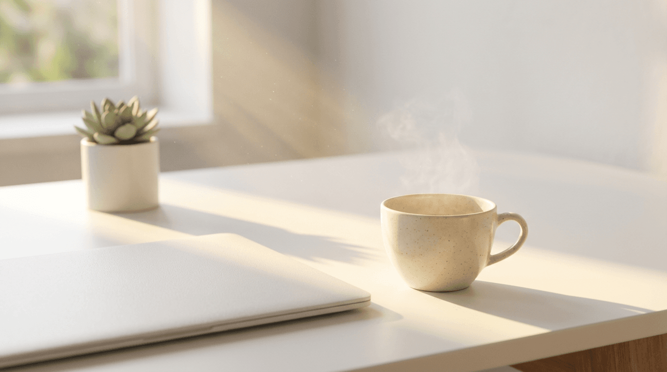 Calm, organized desk with papers, coffee, and a plant near a window