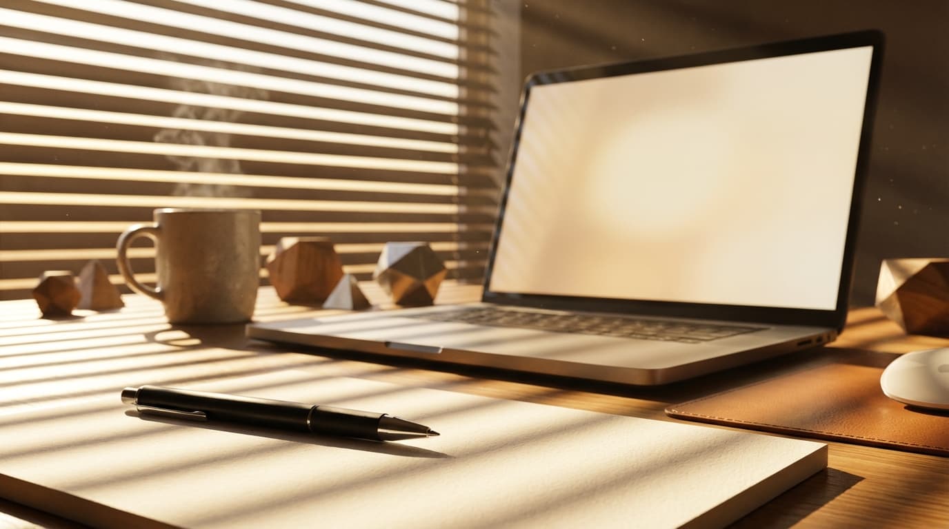 Organized office desk with a laptop and notebook in natural light