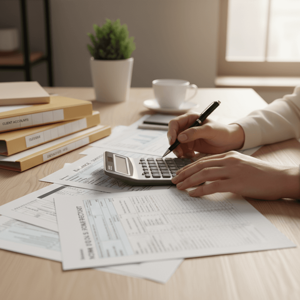Bookkeeper's hands resting on an open ledger with a calculator